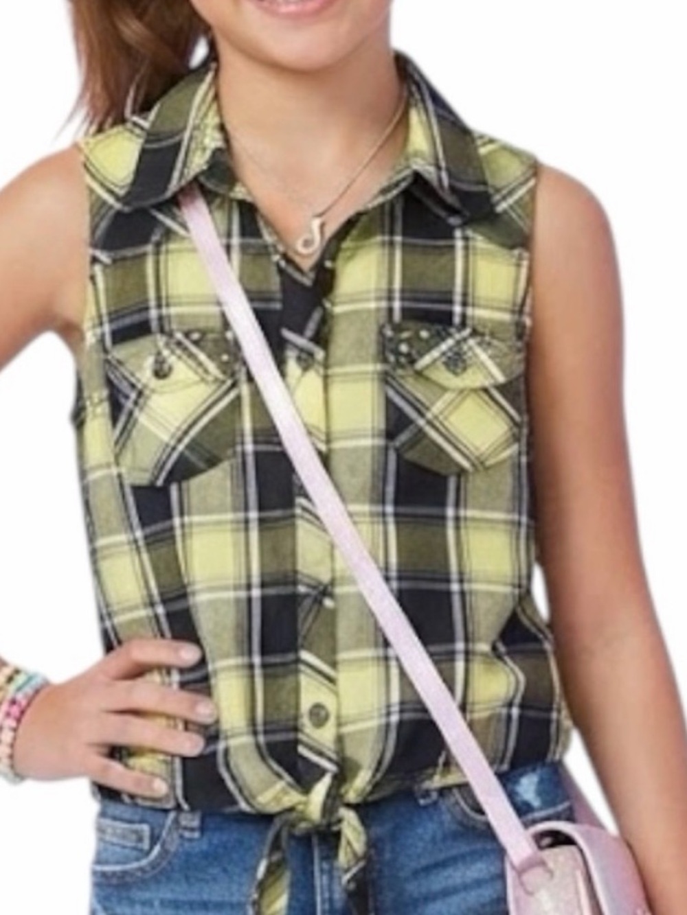 Cowboy Dark Academia Y2K Girls Yellow Black Plaid Sleeveless Shirt JUSTICE 7Y